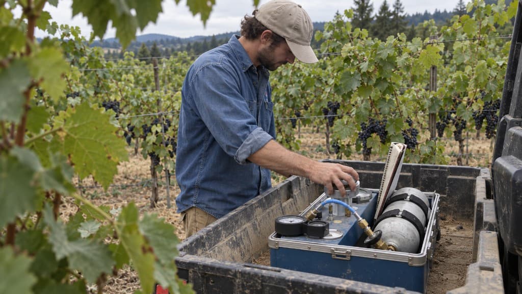 Grower using a pressure chamber in a vineyard to measure crop water status