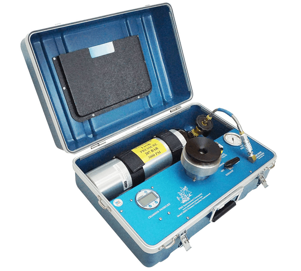 PMS Instrument Company pressure chamber in a field case with nitrogen tank and digital gauge