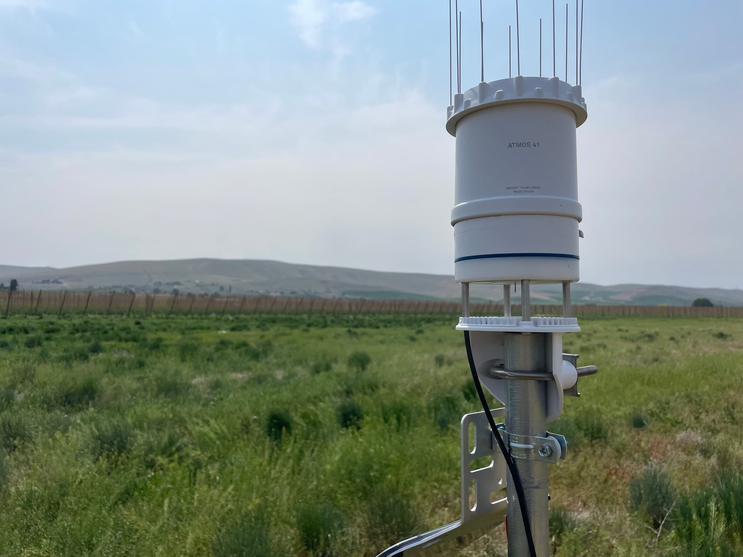 METER ATMOS 41 all-in-one weather station on a pole with hop country hills in the background