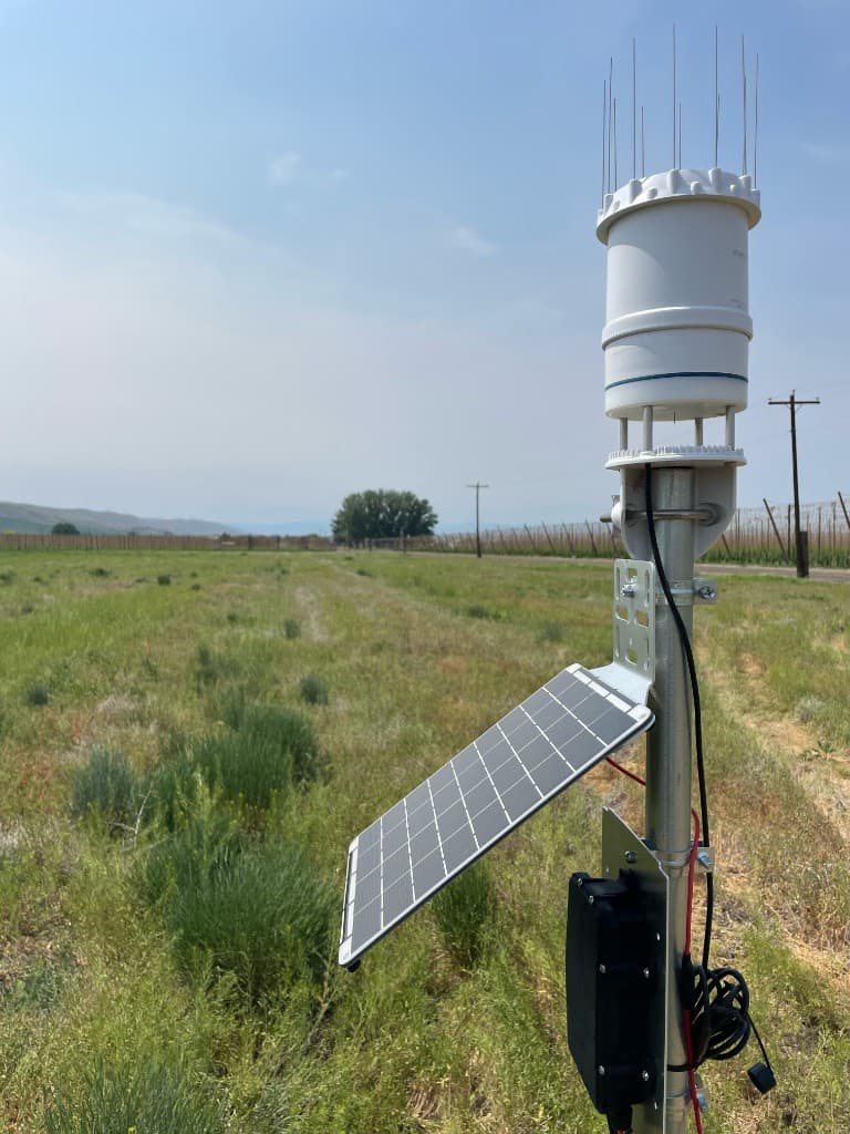 All-in-one weather station on a field pole with bird deterrent spikes, solar panel, and logger enclosure