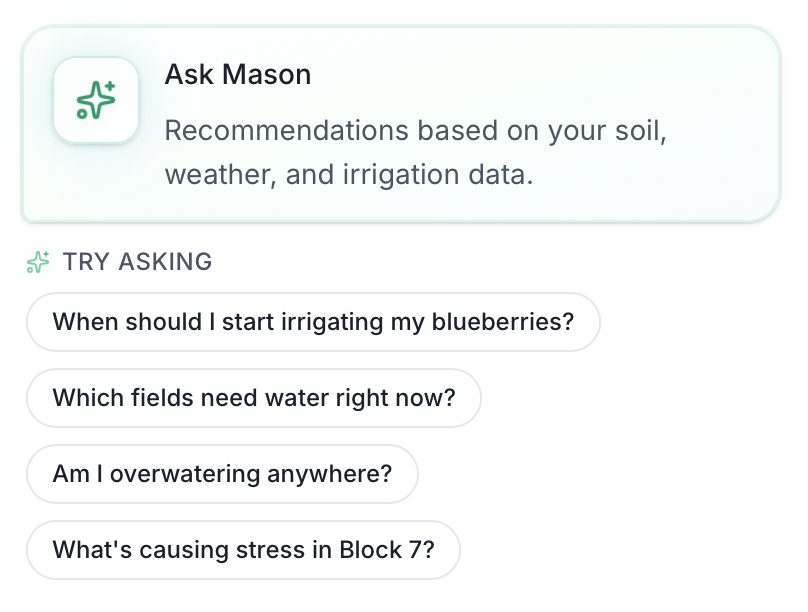 Ask Mason: AI recommendations with sample grower questions and context from soil, weather, and irrigation data