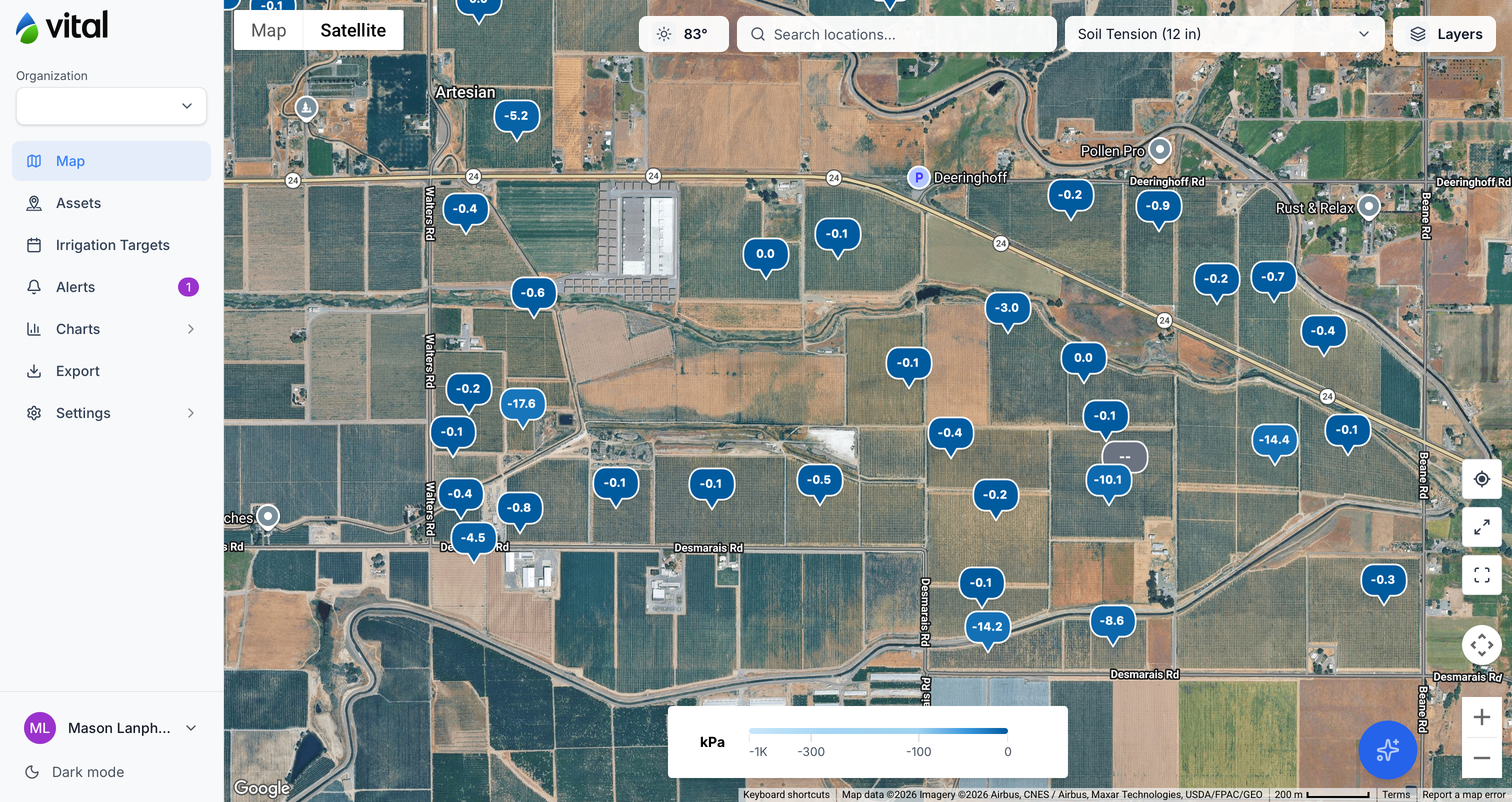 Vital Agronomics web dashboard satellite map with soil tension readings, sensor pins, and kPa legend